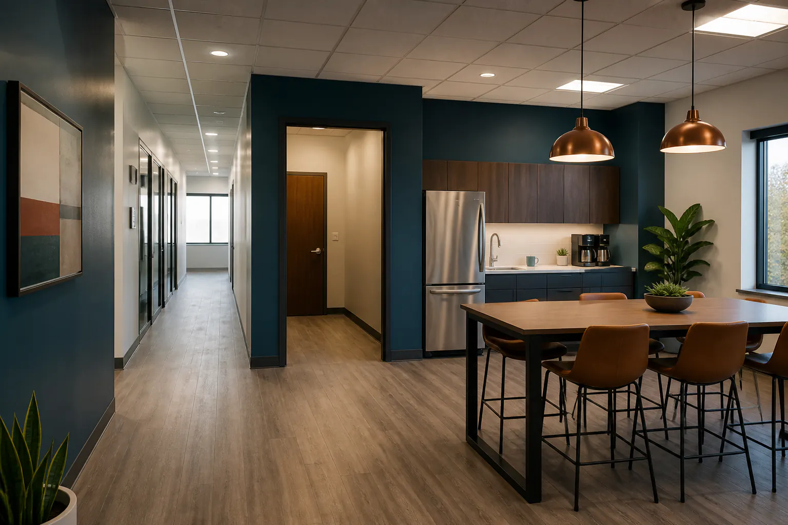 People-free commercial shared area with tables, seating, and finished floors